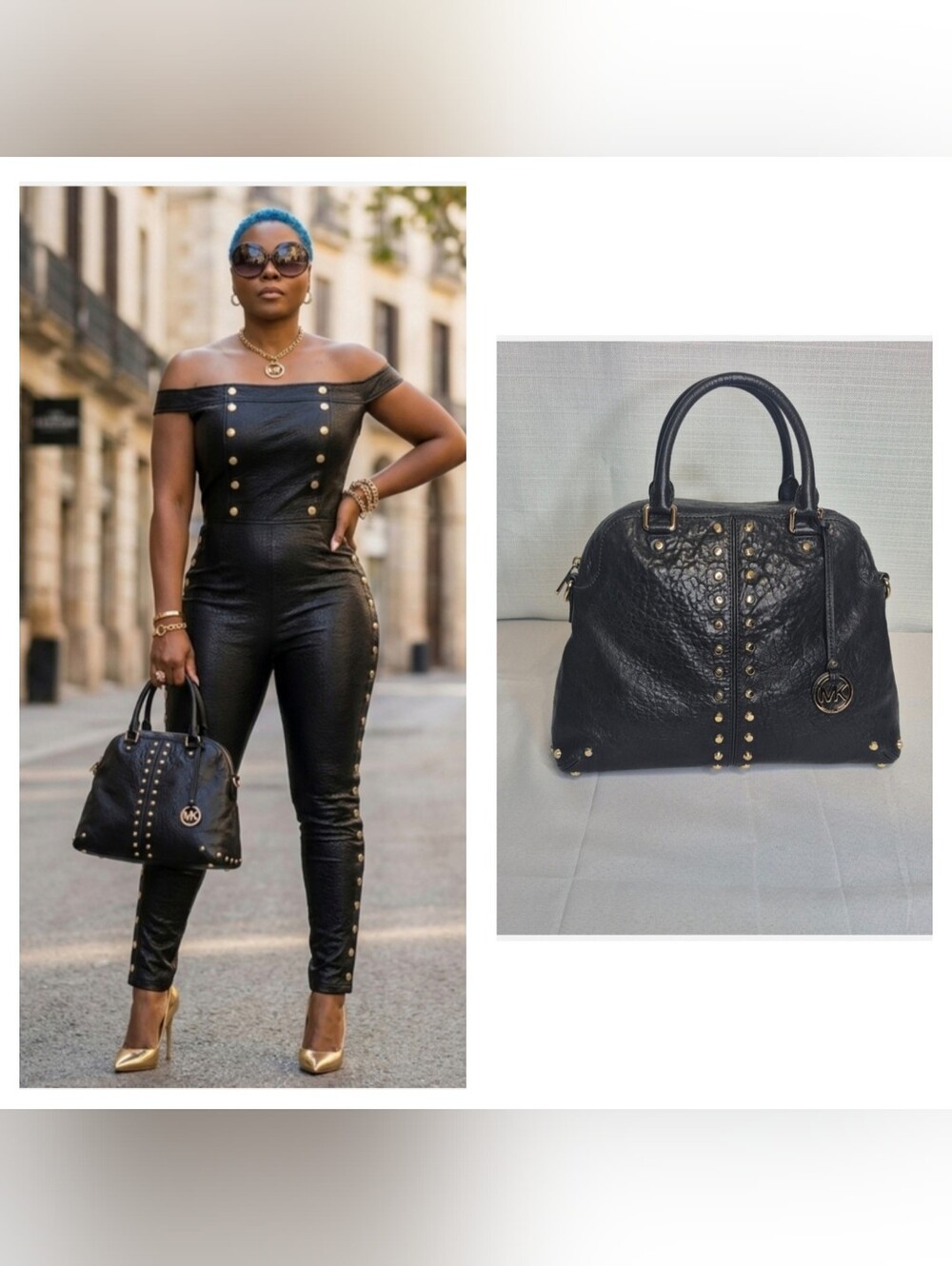 Michael Michael Kors "Uptown Astor" Black Textured Leather Studded Dome Satchel